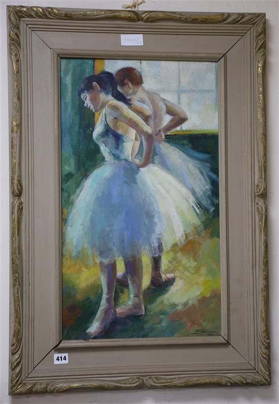 Stroucke, oil on canvas, Study of ballerinas, signed and dated 1956 64 x 36cm